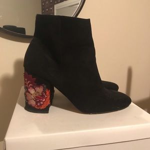 Embroidered faux suede ankle boots